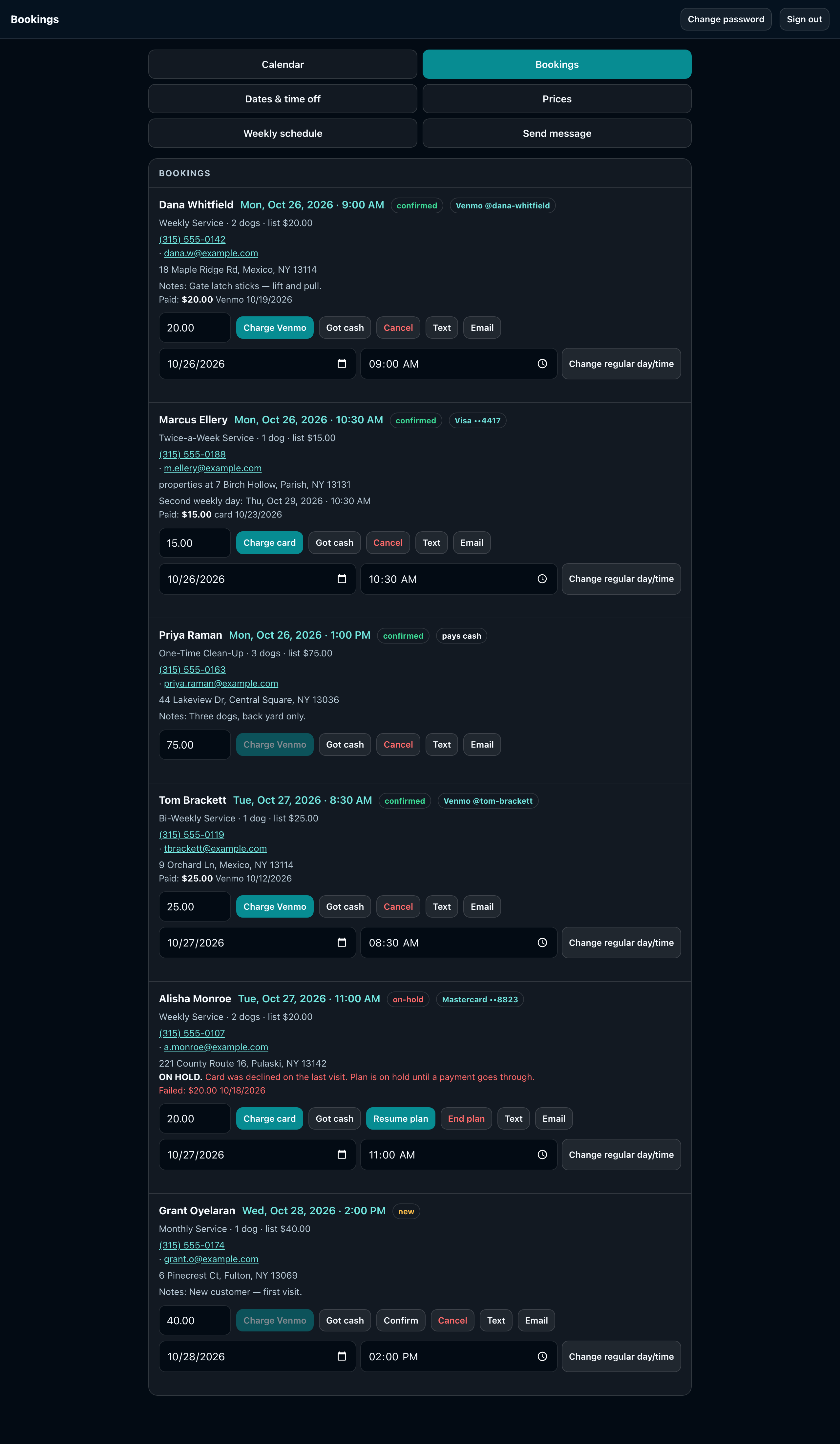 The PooPawtrol bookings list, including a plan placed on hold after a failed payment