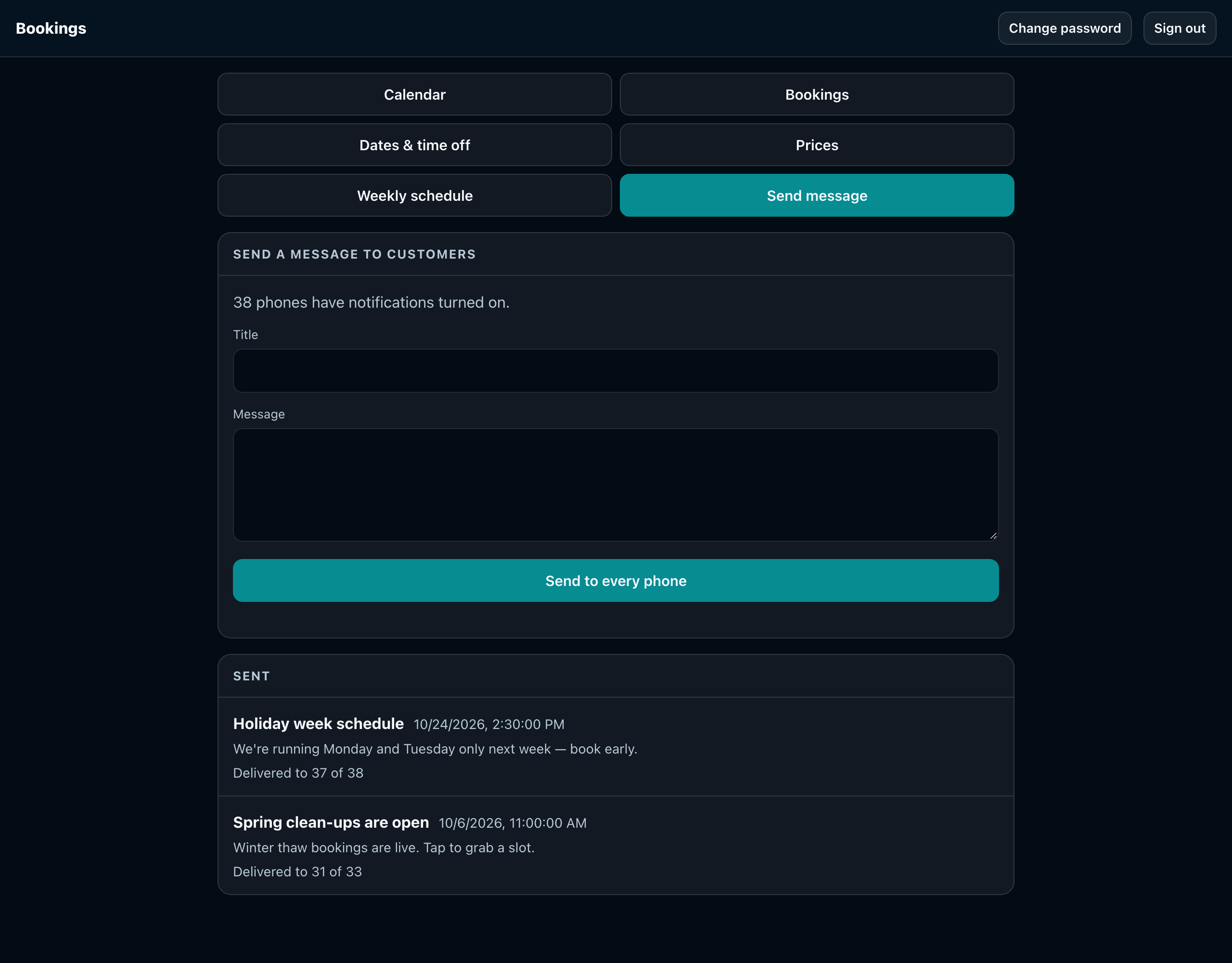 The PooPawtrol message composer, showing how many phones have notifications on and a log of messages already delivered