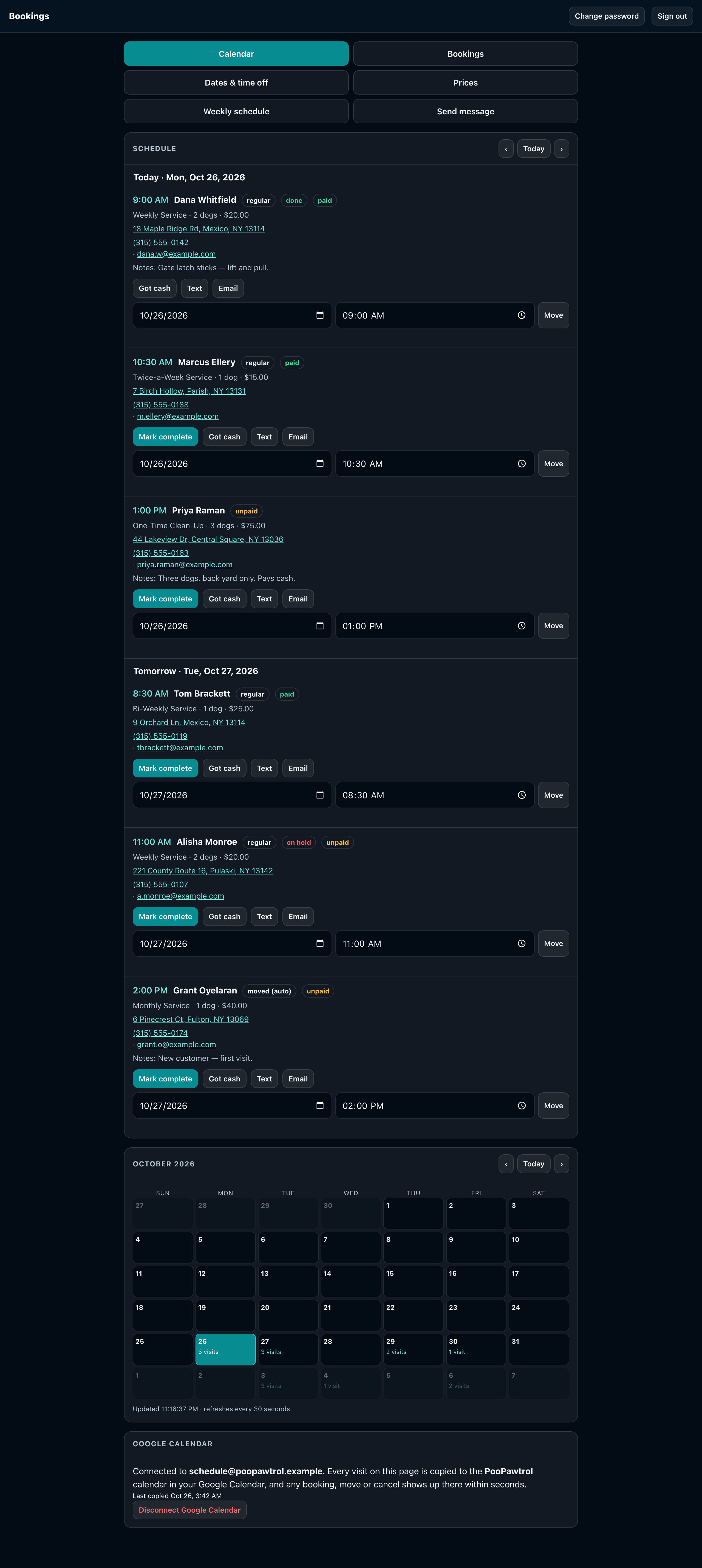 The PooPawtrol owner portal in a desktop browser, showing today's and tomorrow's visits with actions on each one