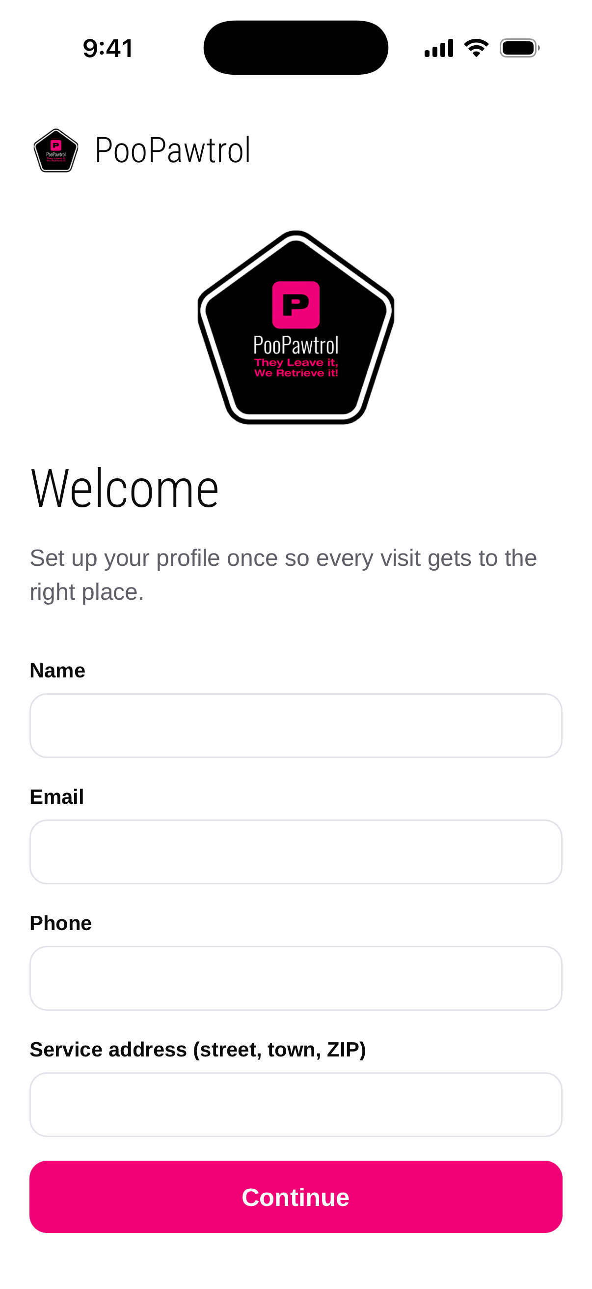 The PooPawtrol welcome screen, where a customer enters their name, email, phone and service address