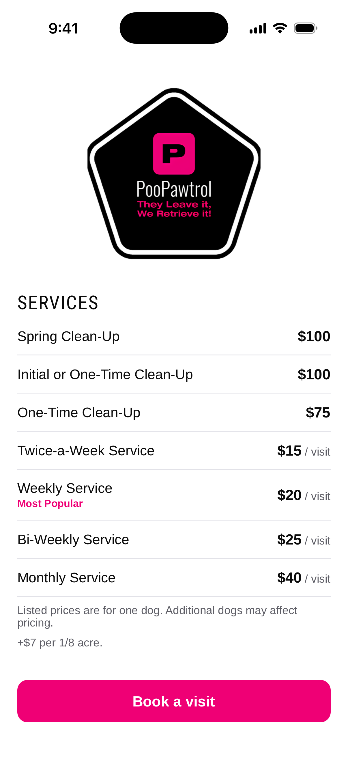 The PooPawtrol app home screen listing the services and prices a customer can book