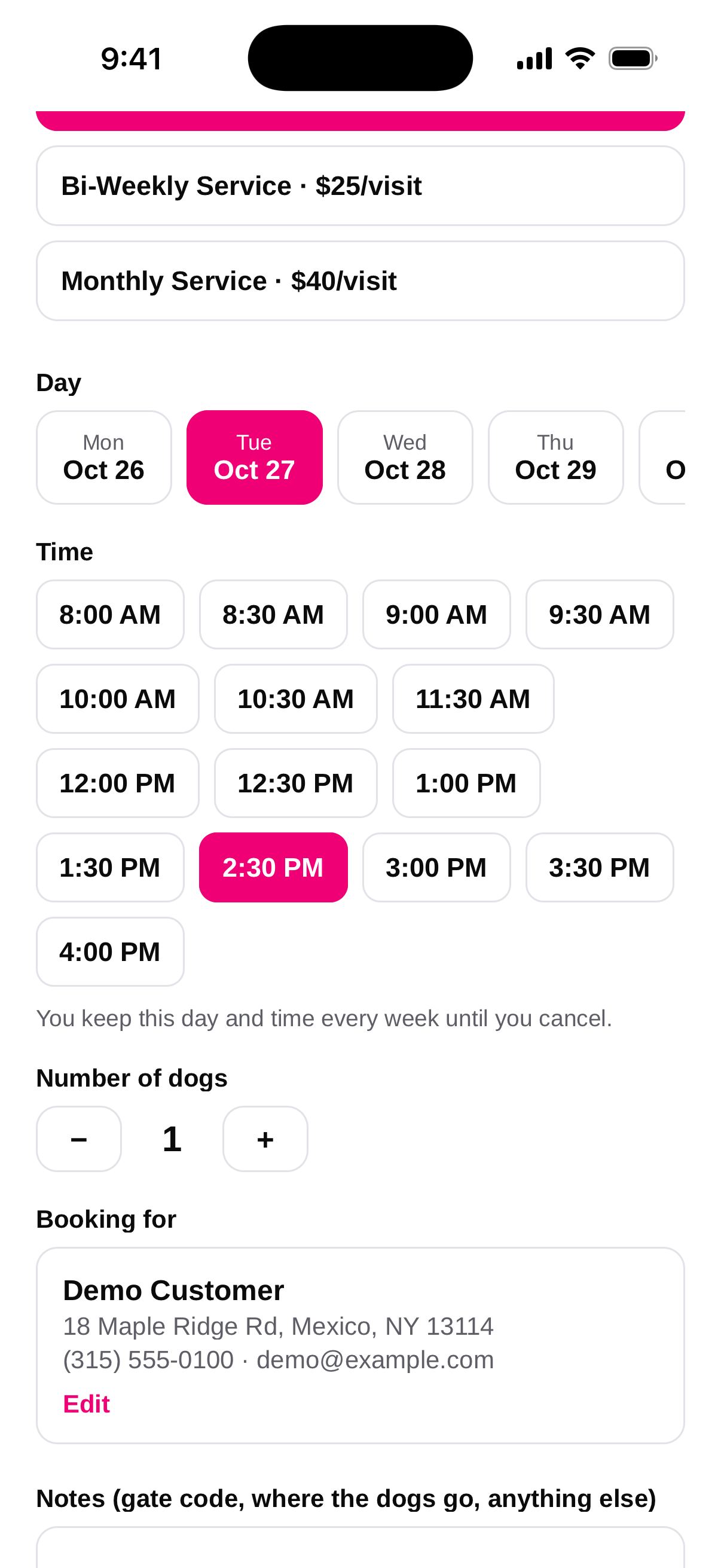 Choosing a service, day and time in the PooPawtrol app