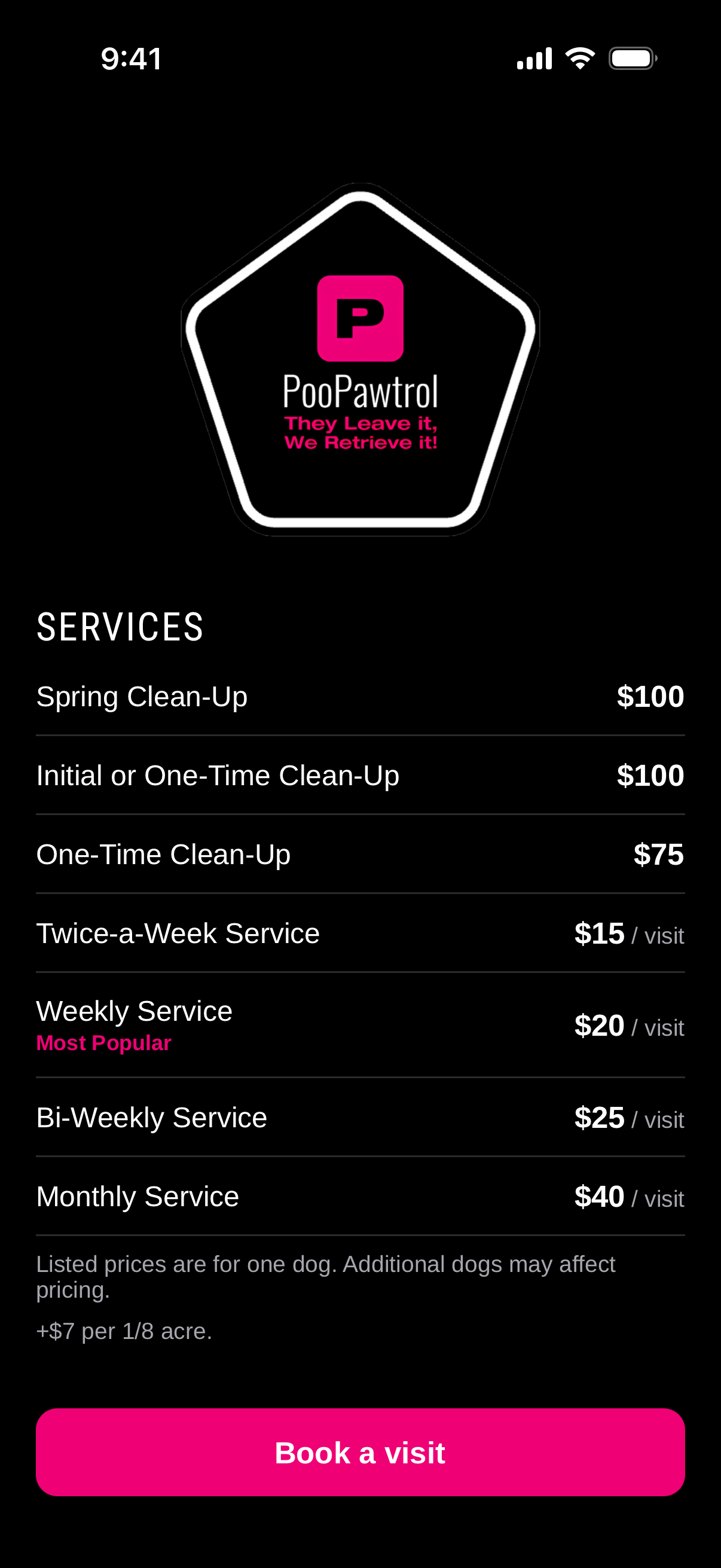 The PooPawtrol app in dark mode