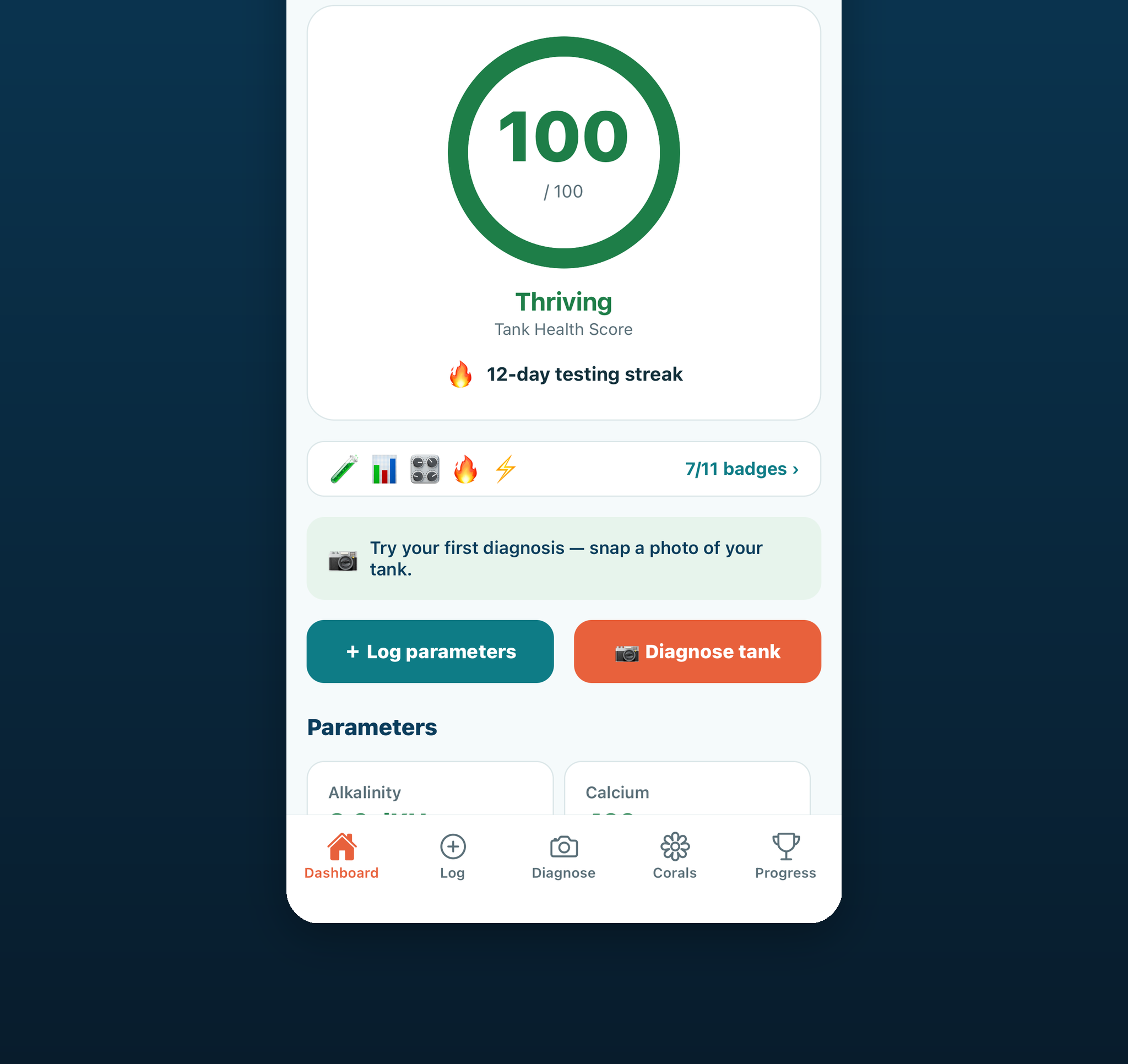 TankMate app dashboard showing a Tank Health Score