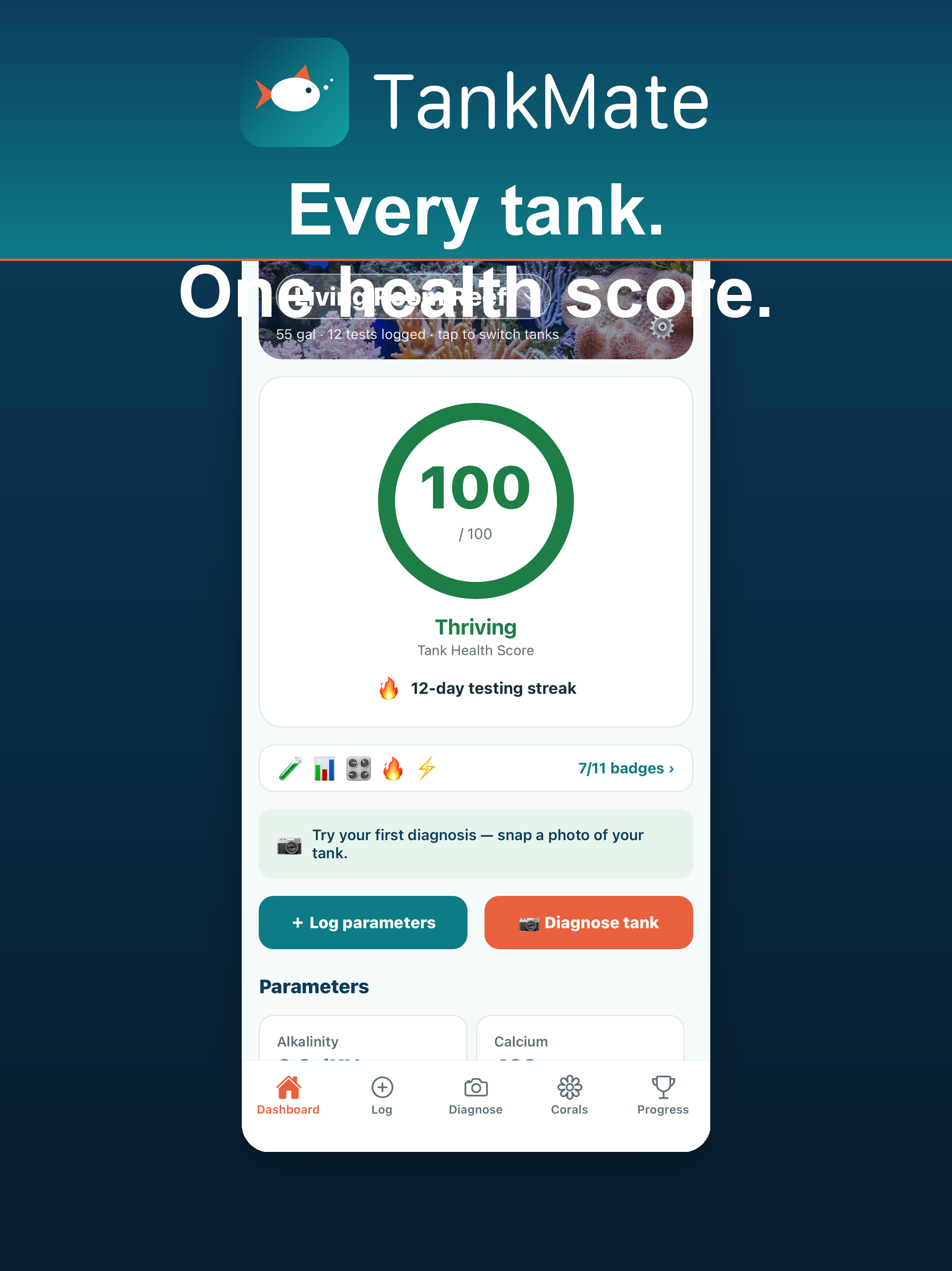 TankMate app dashboard showing a Tank Health Score